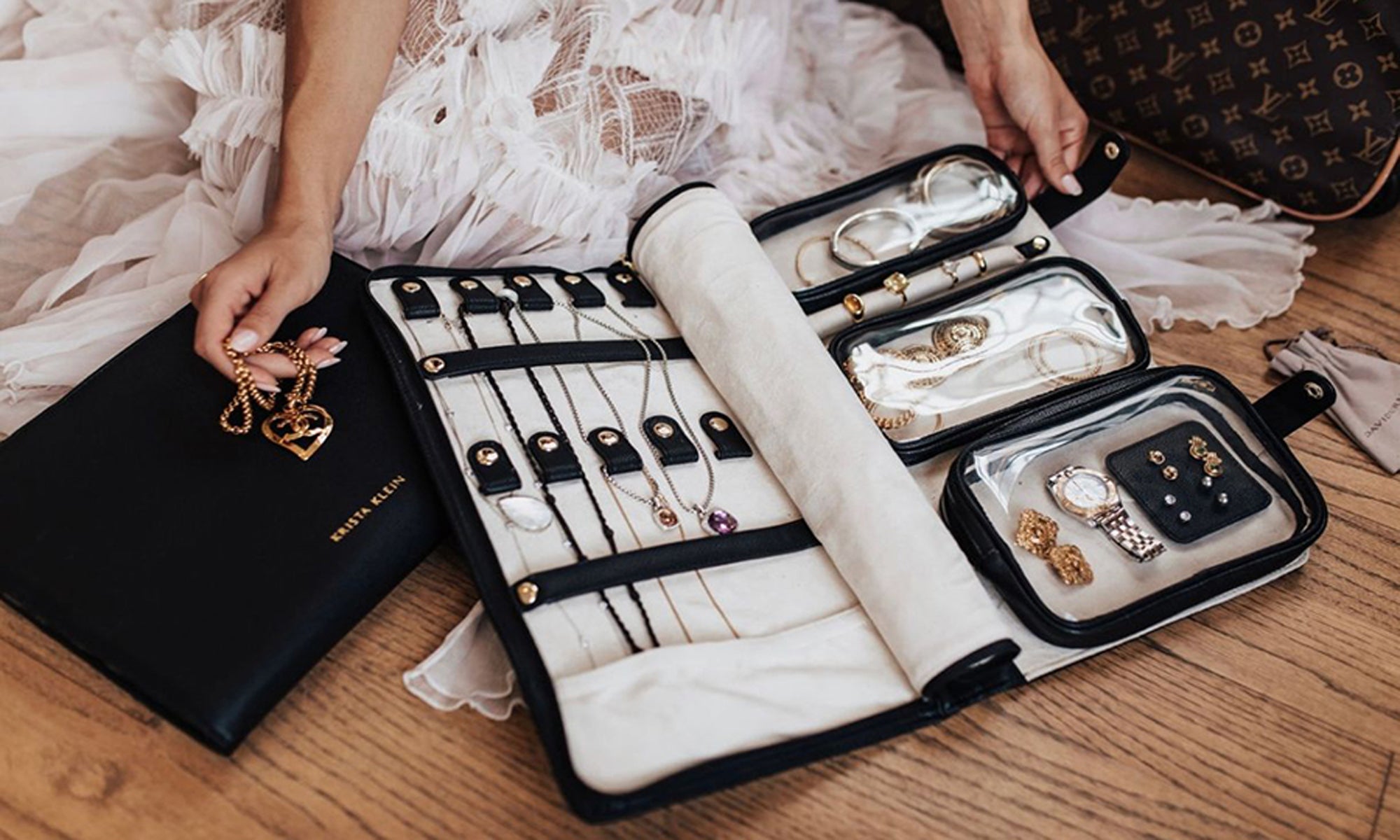 open Krista Klein London travel case with jewelry 